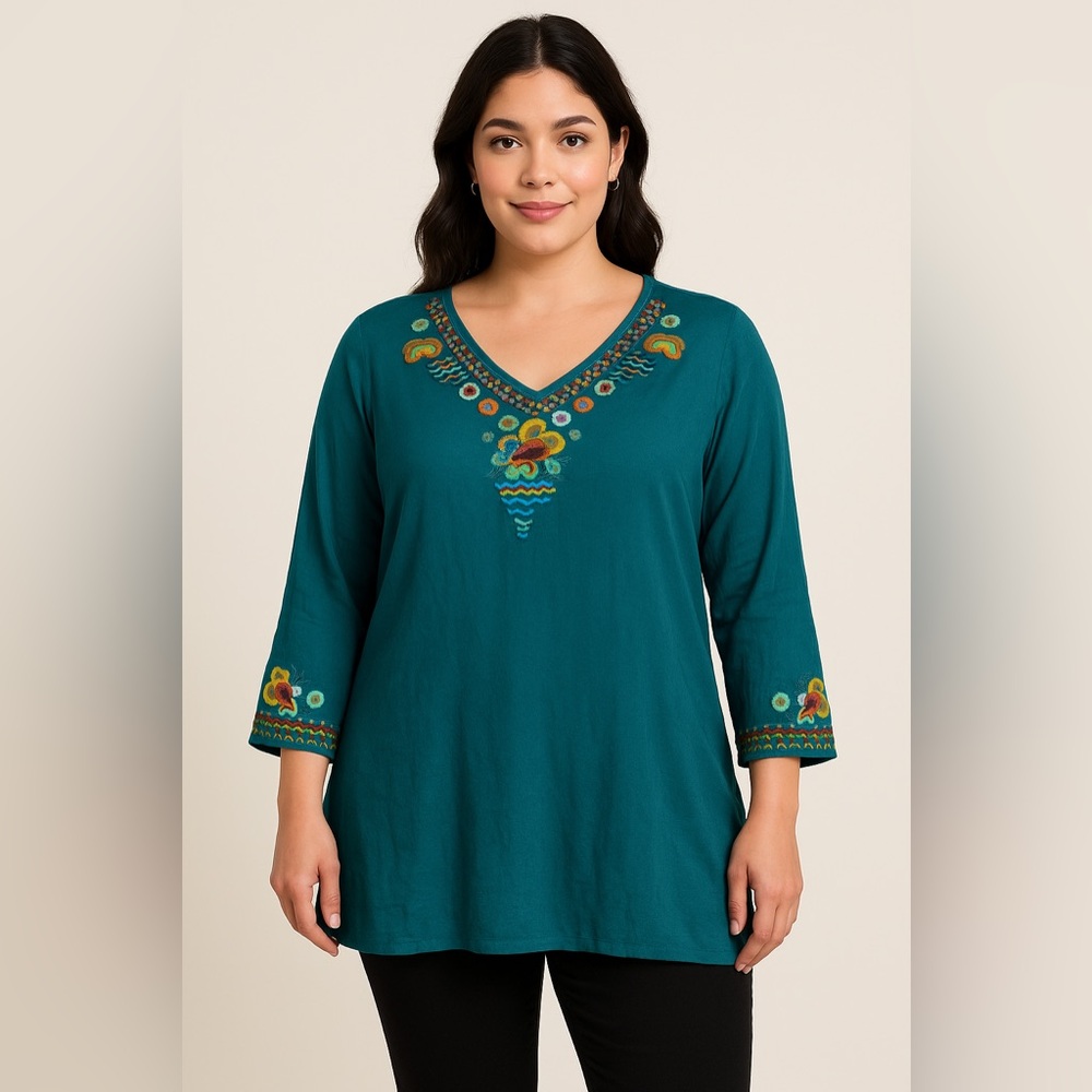 Parsley & Sage Teal Embroidered Floral Boho Large Tunic Top
